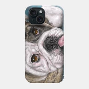 Painting of a brown and white Bulldog lying down with his tongue out Phone Case