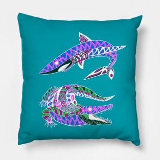 blue monsters in kingdom of the sea and earth shark and crocodile ecopop Pillow