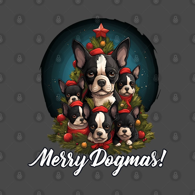 Merry Dogmas! Cute Boston Terrier Puppy, Christmas Dog Lover by NearlyNow