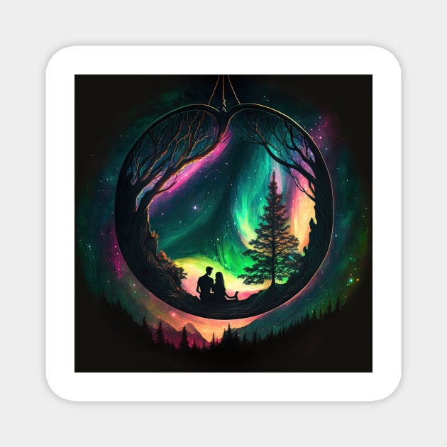 Couple in Heart shaped tree watching the northern lights. Magnet by thewandswant