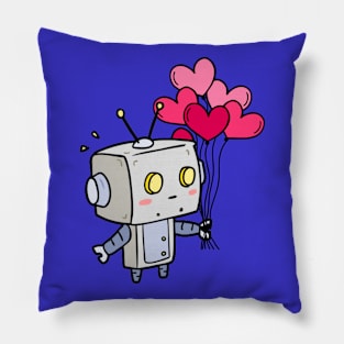 Robot Holding Pink Heart Balloons Pillow