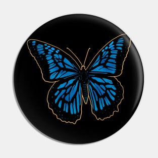 Blue and black Monarch butterfly drawing drawn with a yellow outline. Pin