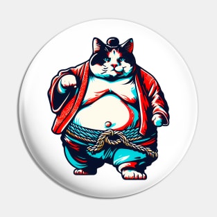 Retro Sumo Cat Humor: Vintage-Styled Feline Warrior Tee Pin