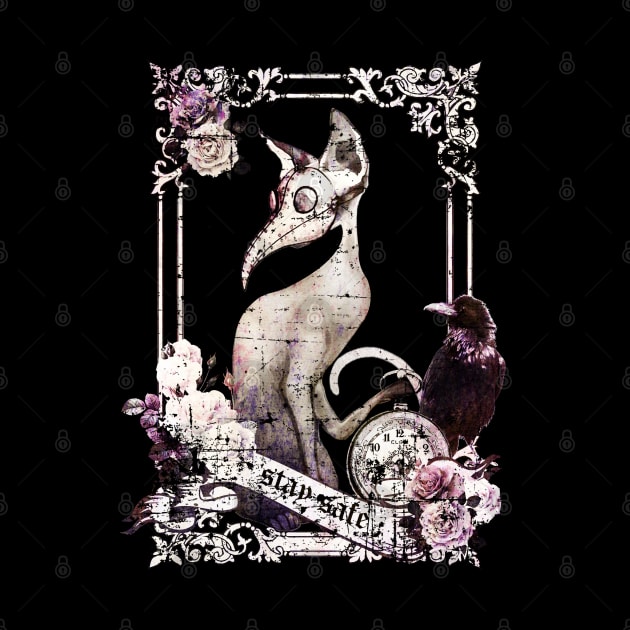 Cat Plague Doctor Say "stay safe" vintage style purple by Collagedream