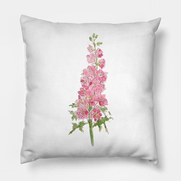 pink larkspur flowers watercolor and ink Pillow by colorandcolor