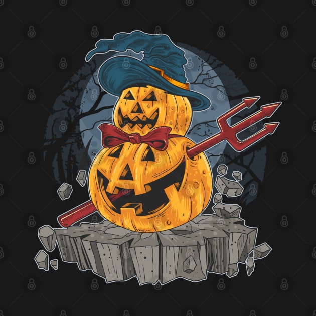 Pumpkin Trident Man - Scary Jack O Lantern Halloween Cartoon Art by bigbikersclub