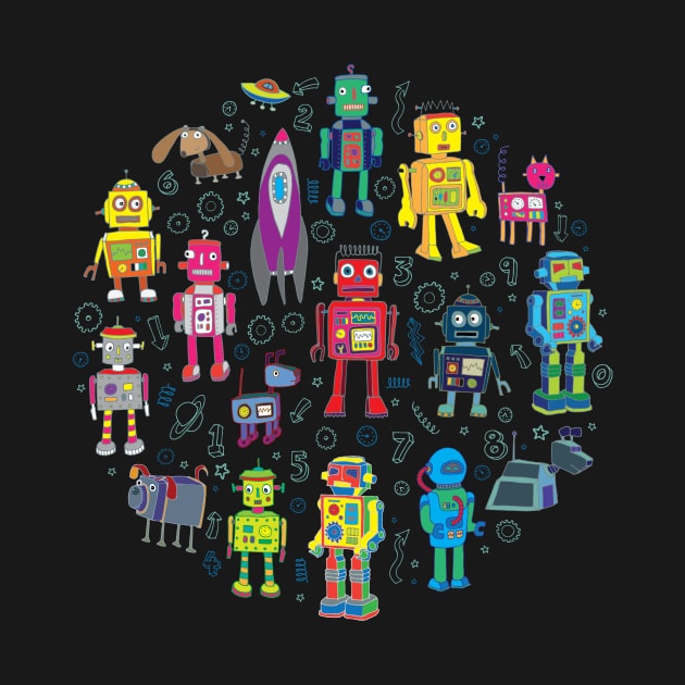 Robots in Space - bright retro robot circle by Cecca