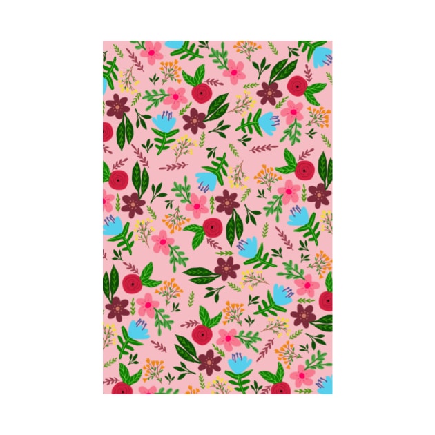 Red, pink, blue and maroon flower pattern with peach color background by SanMade