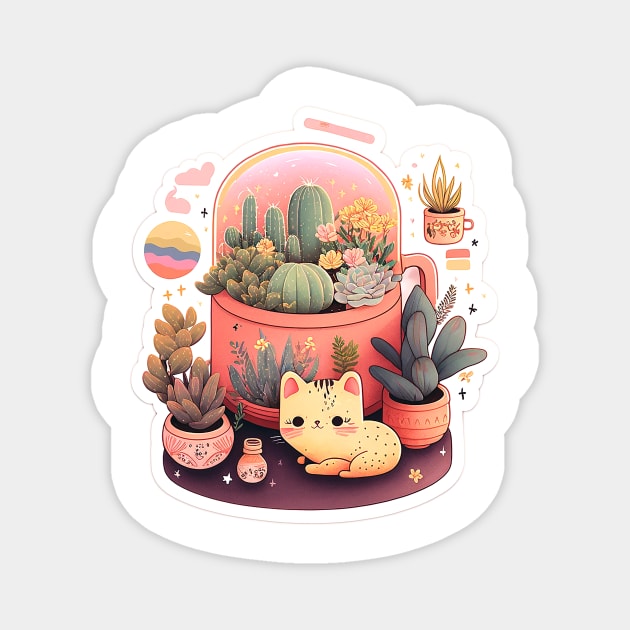 Cute kawaii fluffy cats and plants Magnet by ramith-concept