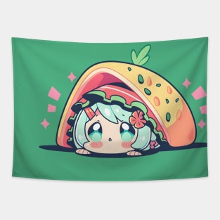 Chibi Anime Taco Girl With Green Blue Hair Tapestry