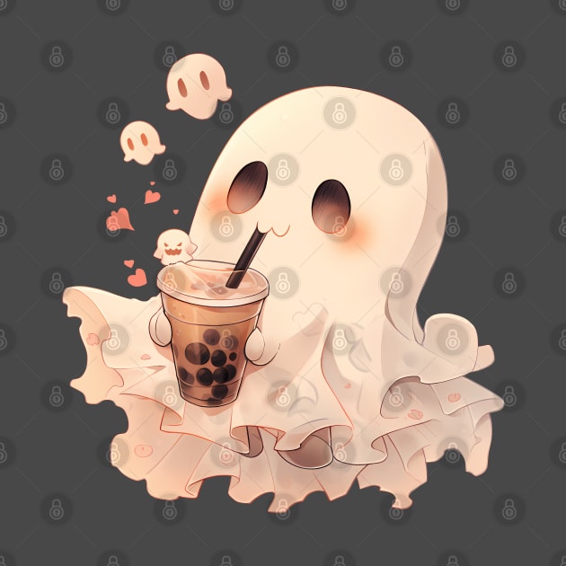 Spooky Sheet Ghost enjoying boba tea on Halloween by Lunatic Bear