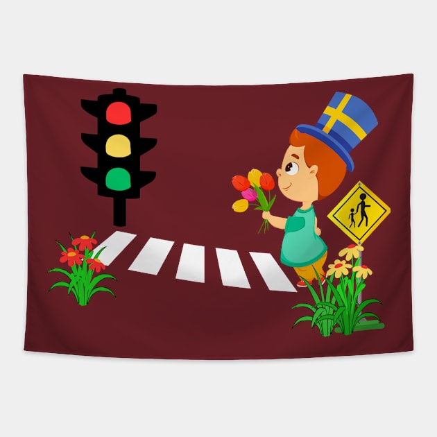 Little boy crossingn the road Tapestry by MagicHub