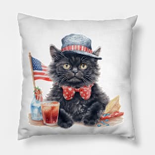 Patriotic Black Cat, 4th of July Design Pillow