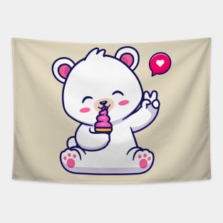 Cute Polar Bear Eating Ice Cream Cone Cartoon Tapestry