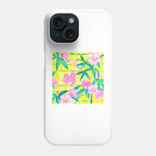 Preppy pink flowers and green leaves on yellow Phone Case