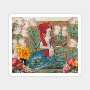 FAIRY MELLUSINA MAKING MUSIC AMONG FLOWERS Weird Medieval Bestiary Magnet