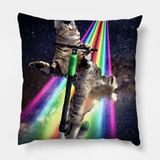 Galaxy Space Cat On Scooter Rainbow Pillow