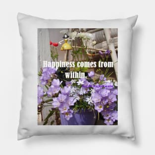 Happiness Comes From Within - Happy Positive Inspirational Quotes Blue Purple Freesia Flowers Floral Pillow