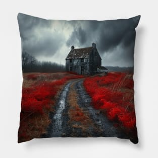 A dark road leads to an old house in the distance Pillow