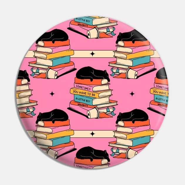 Books and Plant Black Cat Pattern in pink Pin by The Charcoal Cat Co.