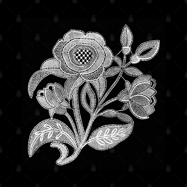 embroidery image with fabric and threads forming a stylized black and white flower branch by Marccelus