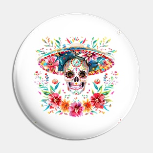Skull wear mexican hat Cinco de mayo colorful watercolor Pin