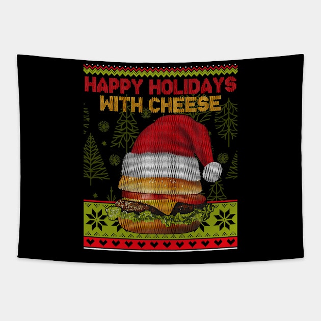 Happy Holidays With Cheese Funny Christmas Cheeseburger Gift Tapestry by ruffianlouse