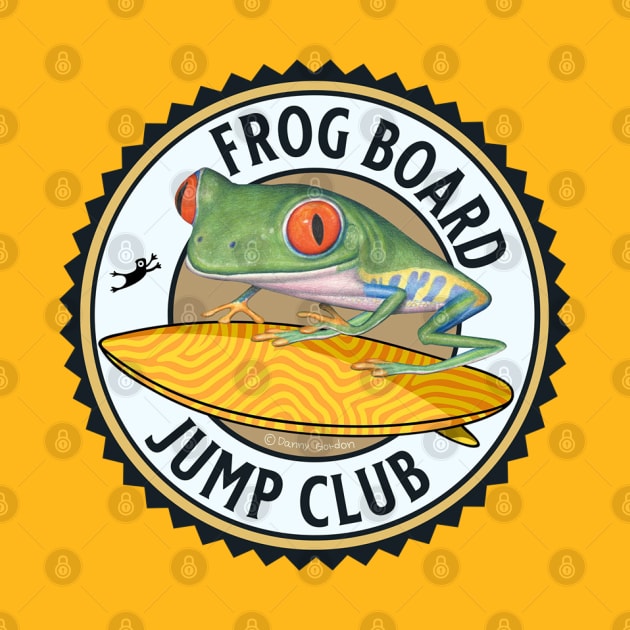 Cute and Funny red eyed tree frog riding a surfboard and is ready for the jump club tee by Danny Gordon Art