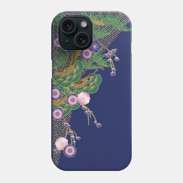 Cherry blossoms, pine tree and bamboo on blue Phone Case by Blacklinesw9