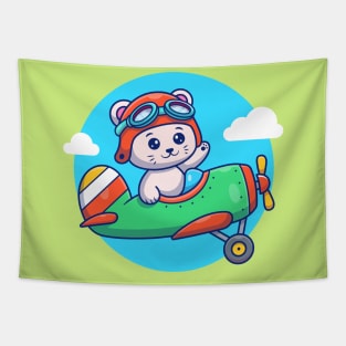 Cute Cat Flying With Vintage Plane Tapestry