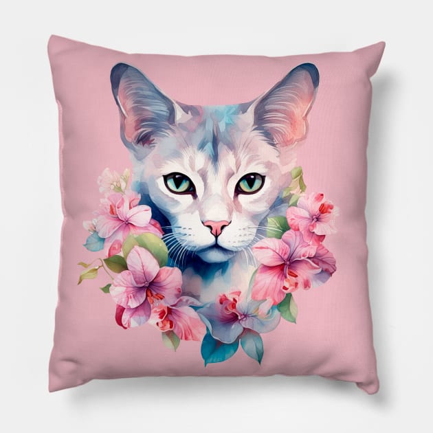 Watercolor romantic cat in flowers Pillow by ananastya