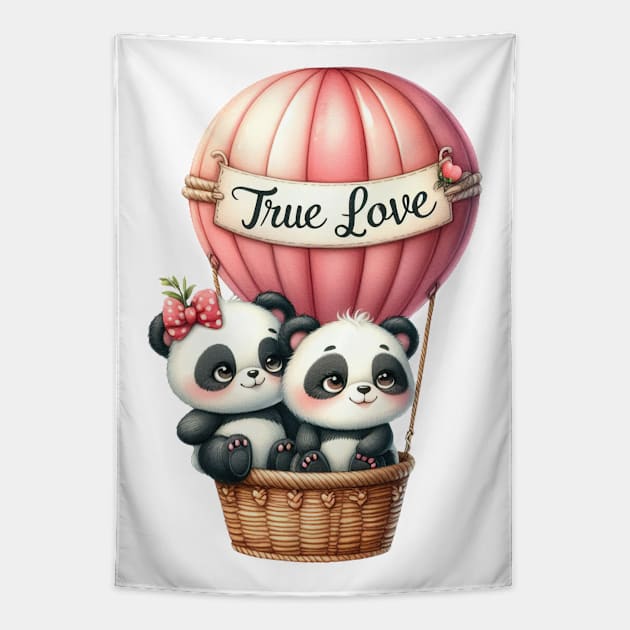 Valentine Panda Bear Couple On Hot Air Balloon Tapestry by Chromatic Fusion Studio