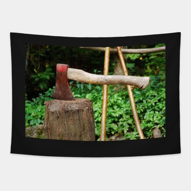 Old Axe on Wood Block Tapestry by jojobob