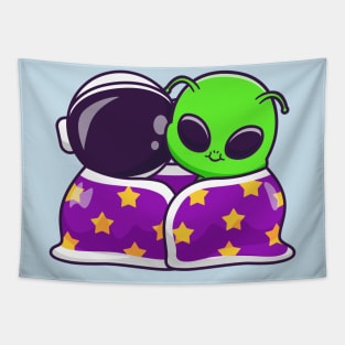 Cute Astronaut And Alien Wearing Blanket Together Cartoon Tapestry