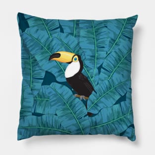 Toucan and banana leaves in blue Pillow