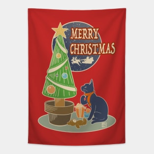 Xmas Tree And Black Cat Tapestry