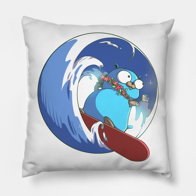 Golang Gopher Go Surfing Pillow by clgtart