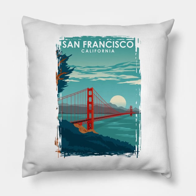 San Francisco California Travel Poster Golden Gate Brigde Pillow by jornvanhezik