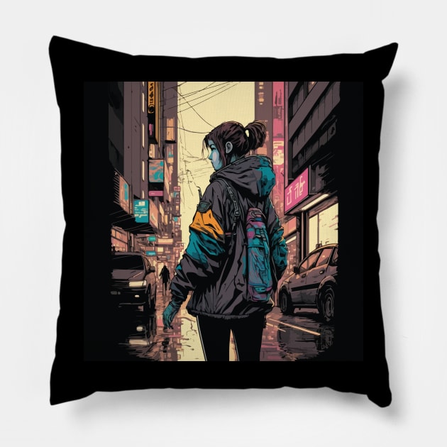 Japanese Street Cyberpunk Tokyo Streetwear Pillow by vectrus