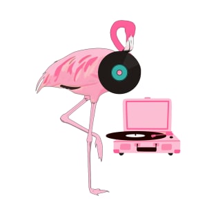 Funny Flamingo Retro Vinyl Record Player T-Shirt