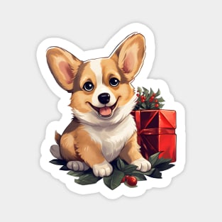 Christmas Happy Corgi with holly and gift Magnet