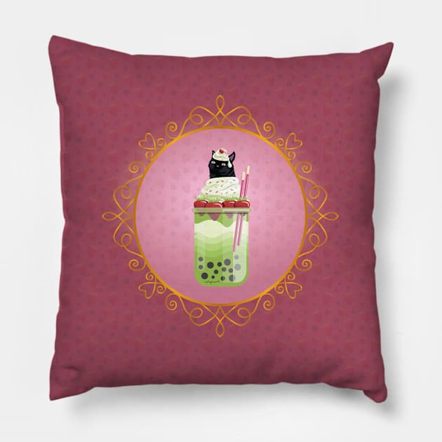 Black Cat Matcha Boba Tea (Red Background) Pillow by catspireart