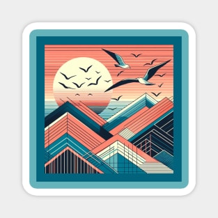 Geometric sunset landscape, square framed Magnet