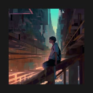 lost boy in a cyber cityscape T-Shirt