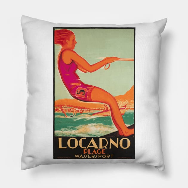 Vintage Travel Poster Design - Locarno, Switzerland - Water Skier Pillow by Naves