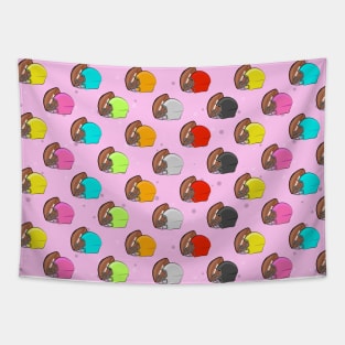 American Football - Colorful Helmets and Ball Pattern on Pink Background Tapestry