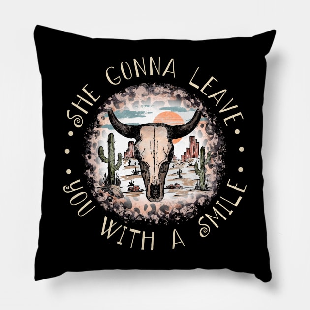 She Gonna Leave You With A Smile Bull Skull Cactus Pillow by Merle Huisman