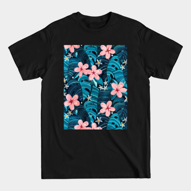 Discover Moody Tropical Pattern in Cyan and Sapphire with Pink - Hawaiian - T-Shirt