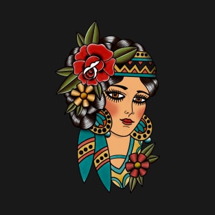 Gypsy Lady Head American Traditional Tattoo Design T-Shirt