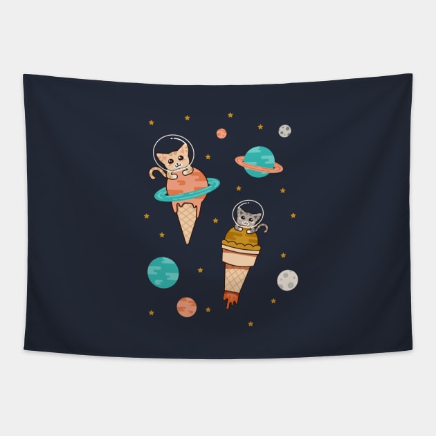 Cats Floating on Ice Cream in Space Tapestry by latheandquill